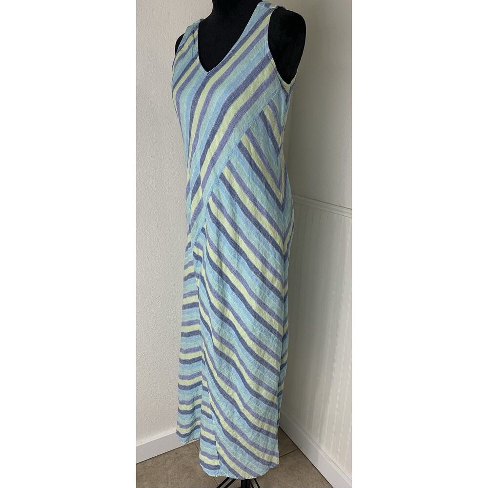 J JILL LOVE LINEN Dress Blue Green Striped Maxi Sundress Asymmetrical Sz M Tall - Picture 1 of 8